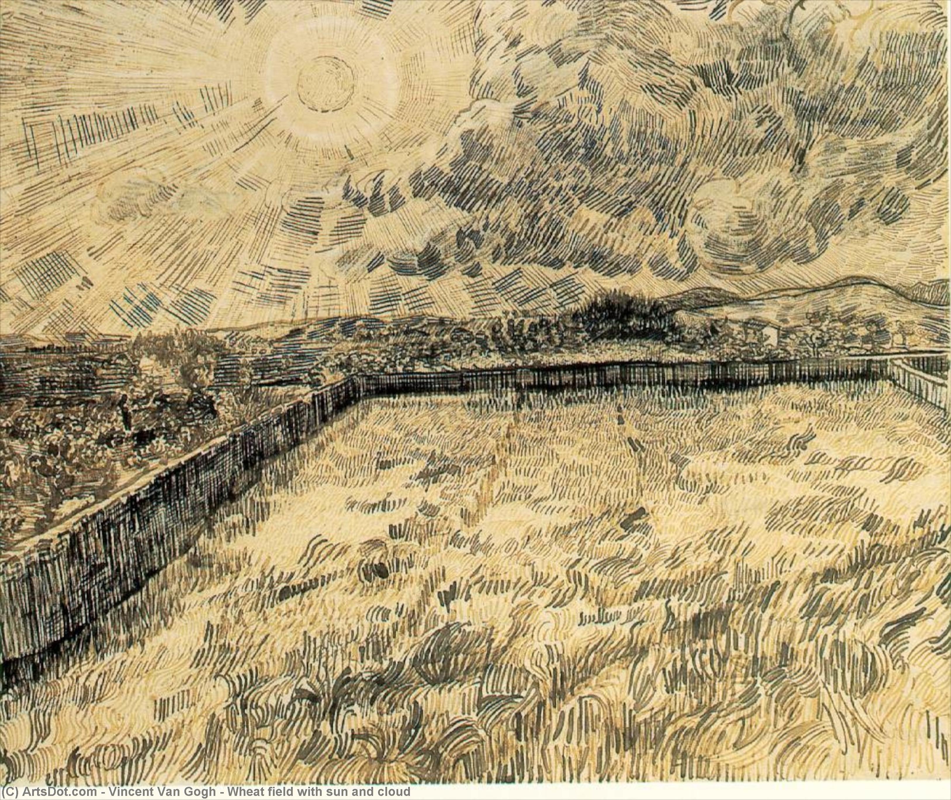Wikoo.org - موسوعة الفنون الجميلة - اللوحة، العمل الفني Vincent Van Gogh - Wheat field with sun and cloud