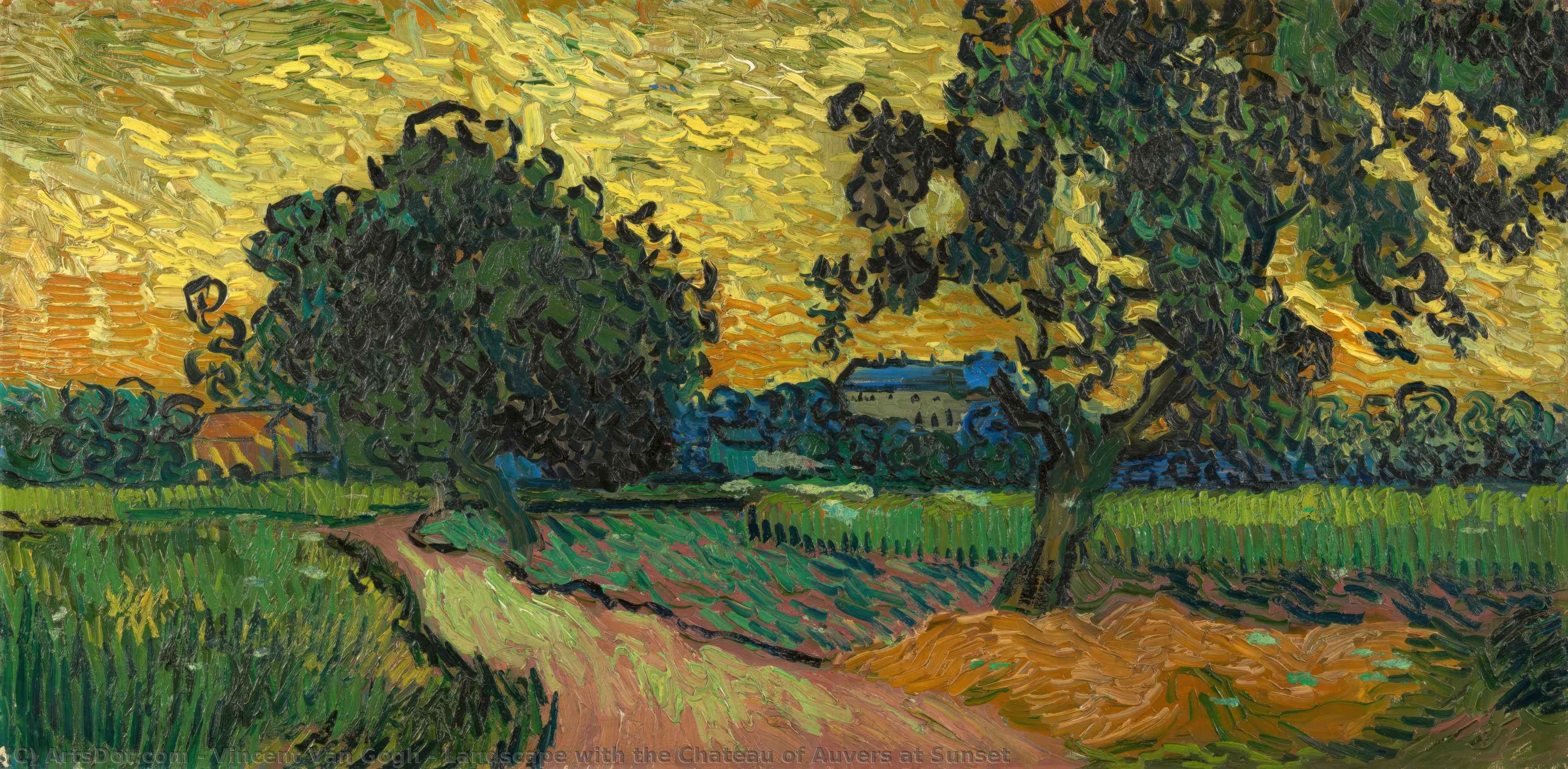 Wikioo.org - The Encyclopedia of Fine Arts - Painting, Artwork by Vincent Van Gogh - Landscape with the Chateau of Auvers at Sunset