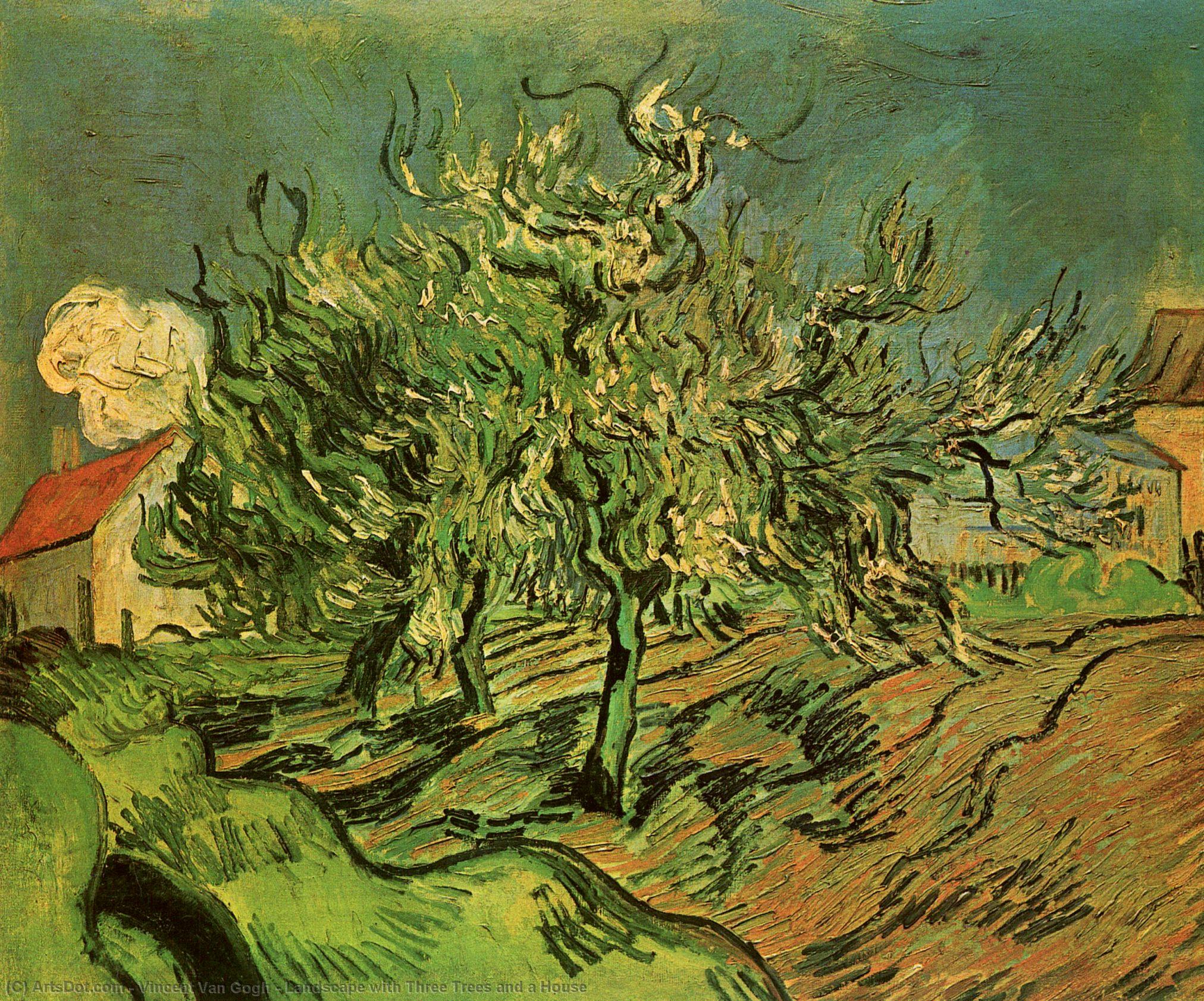 WikiOO.org - Encyclopedia of Fine Arts - Malba, Artwork Vincent Van Gogh - Landscape with Three Trees and a House