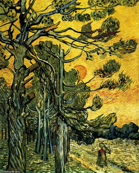 Wikioo.org - The Encyclopedia of Fine Arts - Painting, Artwork by Vincent Van Gogh - Pine Trees against a Red Sky with Setting Sun