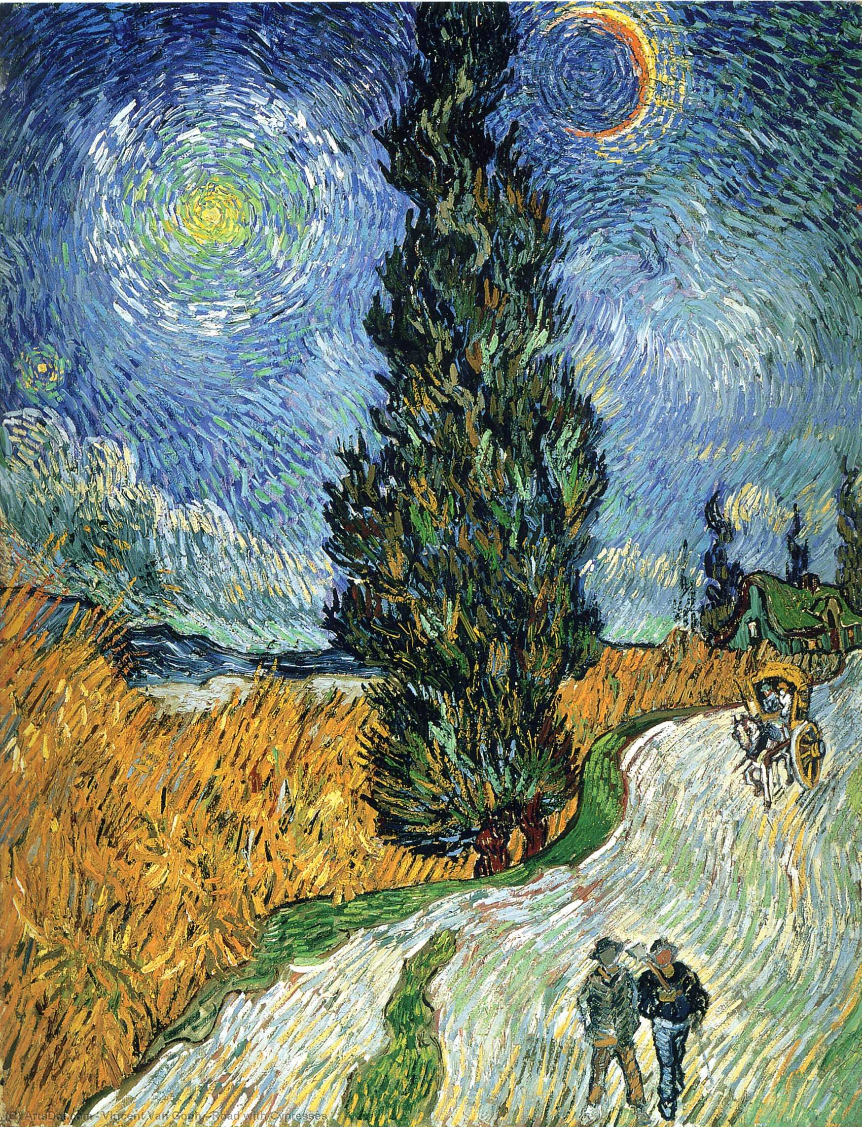 Wikoo.org - موسوعة الفنون الجميلة - اللوحة، العمل الفني Vincent Van Gogh - Road with Cypresses