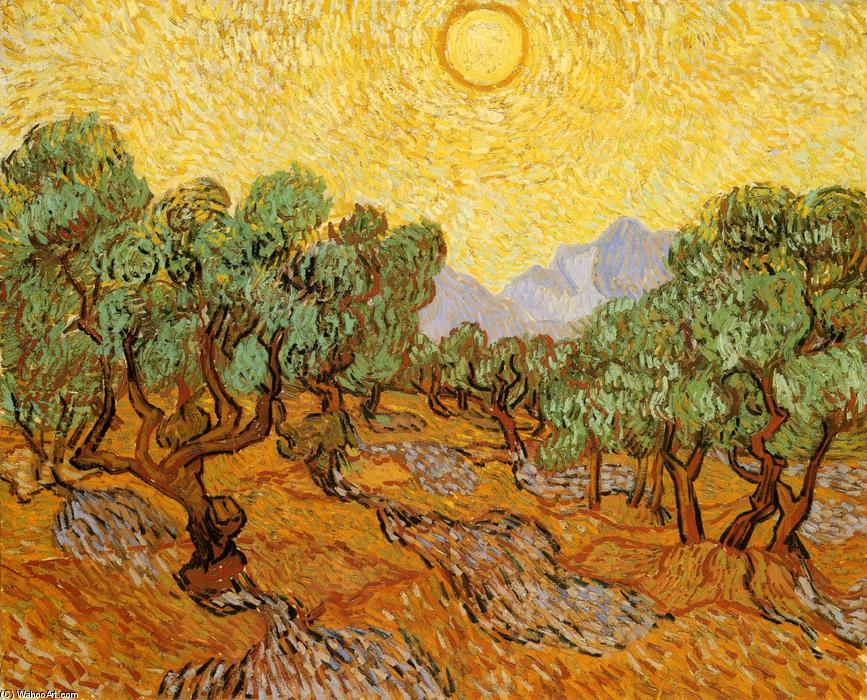 Wikioo.org - The Encyclopedia of Fine Arts - Painting, Artwork by Vincent Van Gogh - Olive Trees with Yellow Sky and Sun