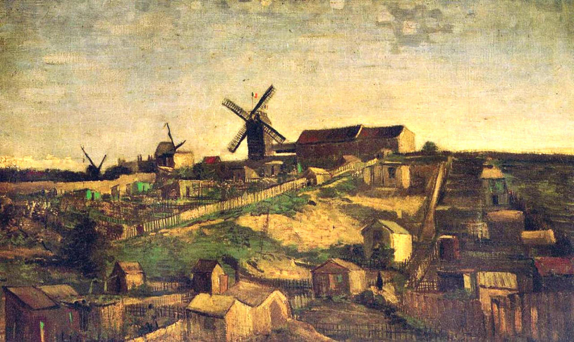 Wikioo.org – La Enciclopedia de las Bellas Artes - Pintura, Obras de arte de Vincent Van Gogh - Montmartre el cantera asícomo Molinos de viento