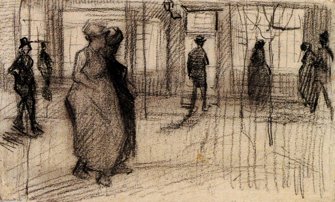 WikiOO.org - Encyclopedia of Fine Arts - Lukisan, Artwork Vincent Van Gogh - People Walking on a Street in the Evening