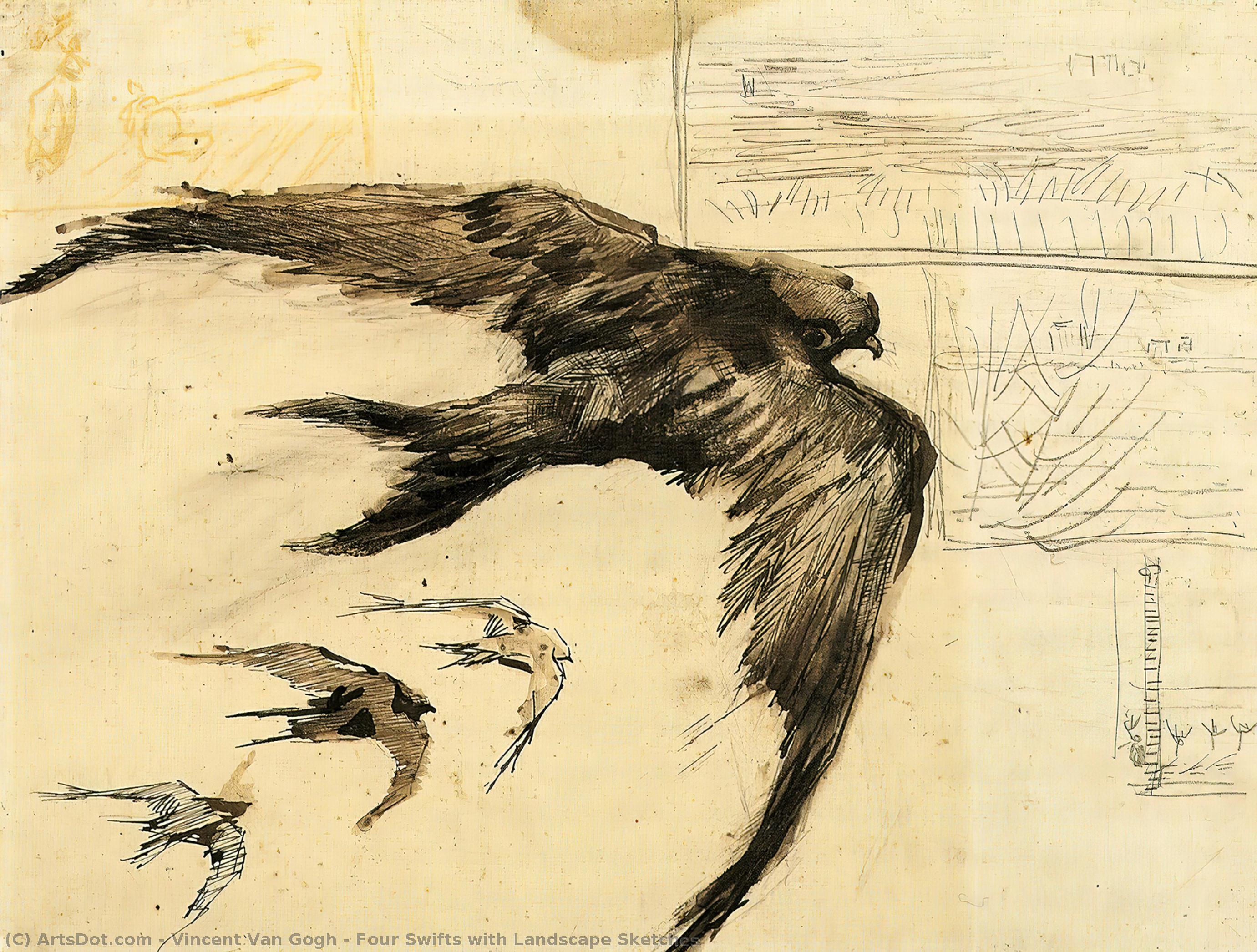 WikiOO.org - Encyclopedia of Fine Arts - Maleri, Artwork Vincent Van Gogh - Four Swifts with Landscape Sketches