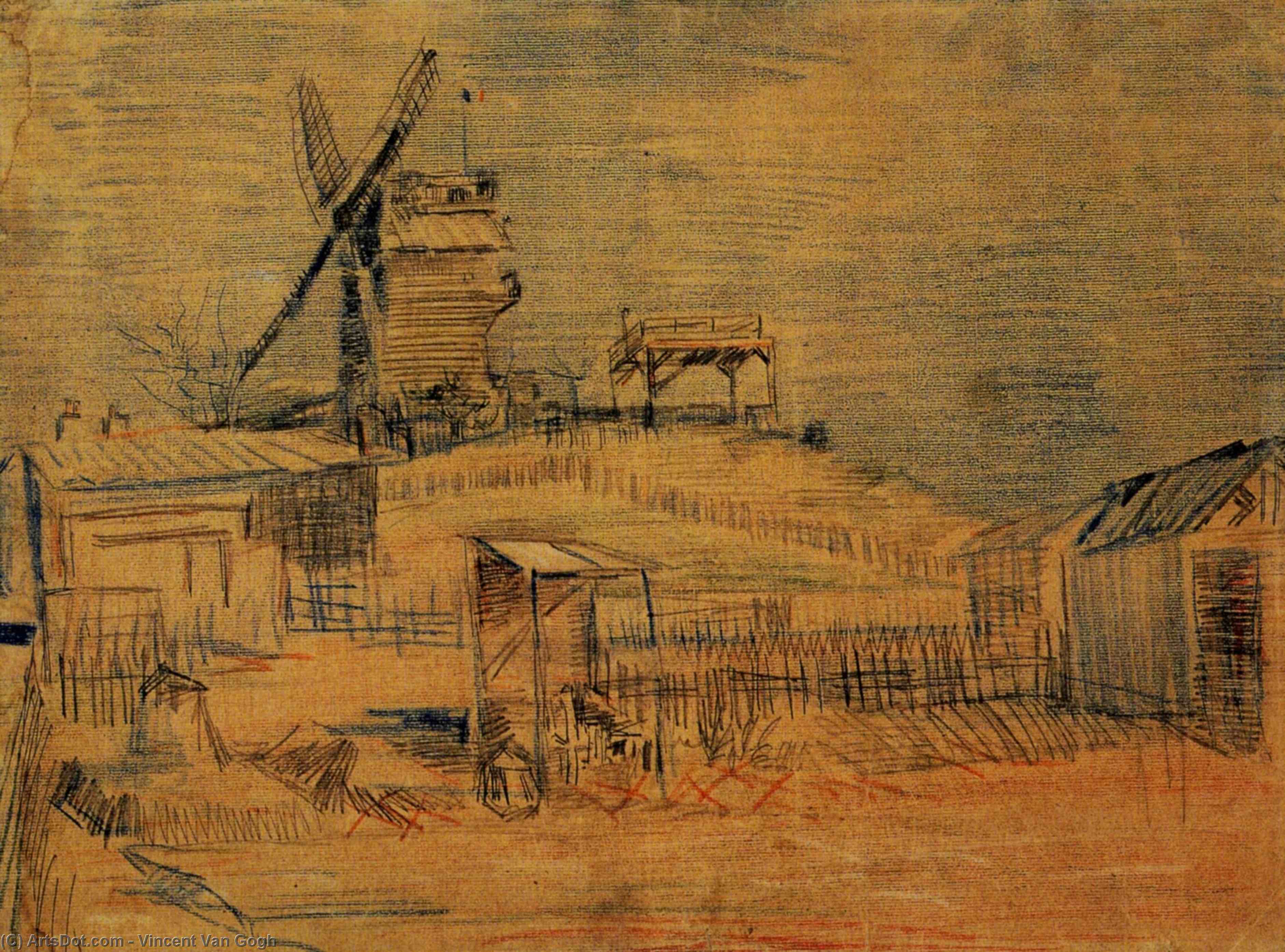 WikiOO.org - Encyclopedia of Fine Arts - Lukisan, Artwork Vincent Van Gogh - Gardens on Montmartre and the Blute-Fin Windmill