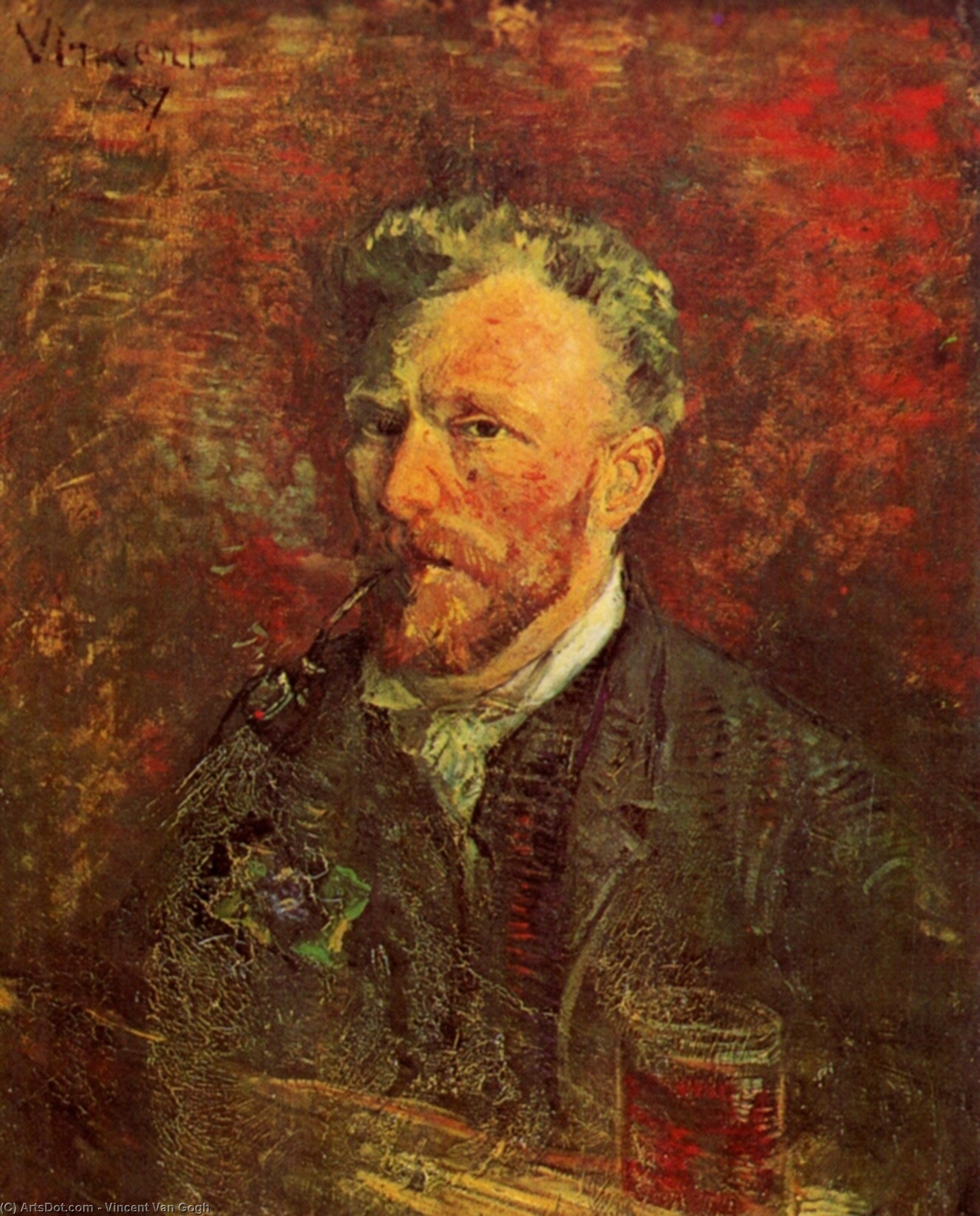 WikiOO.org - 百科事典 - 絵画、アートワーク Vincent Van Gogh - パイプを持つ自画像 と  ガラス
