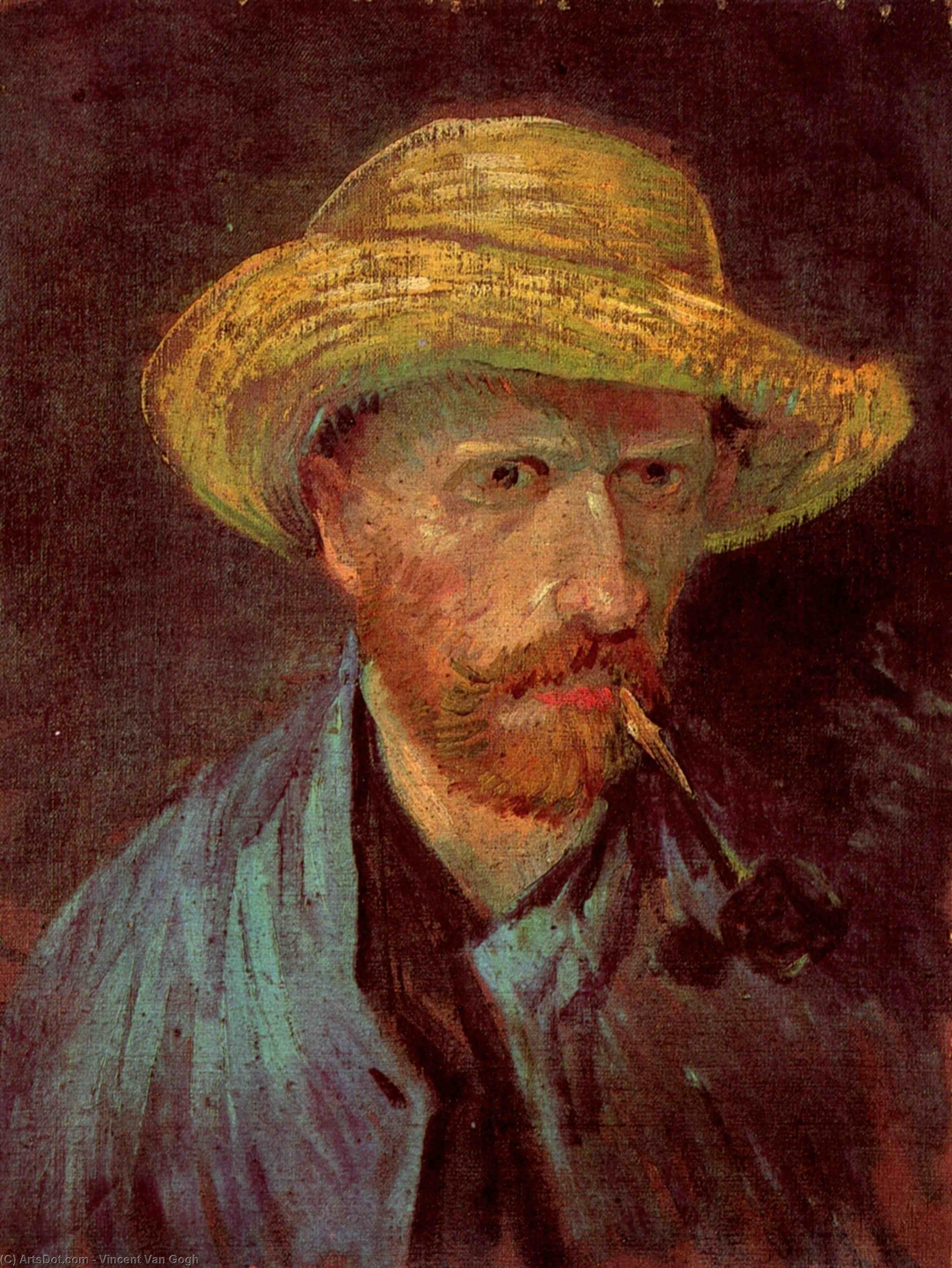 Wikioo.org - The Encyclopedia of Fine Arts - Painting, Artwork by Vincent Van Gogh - Self-Portrait with Straw Hat and Pipe