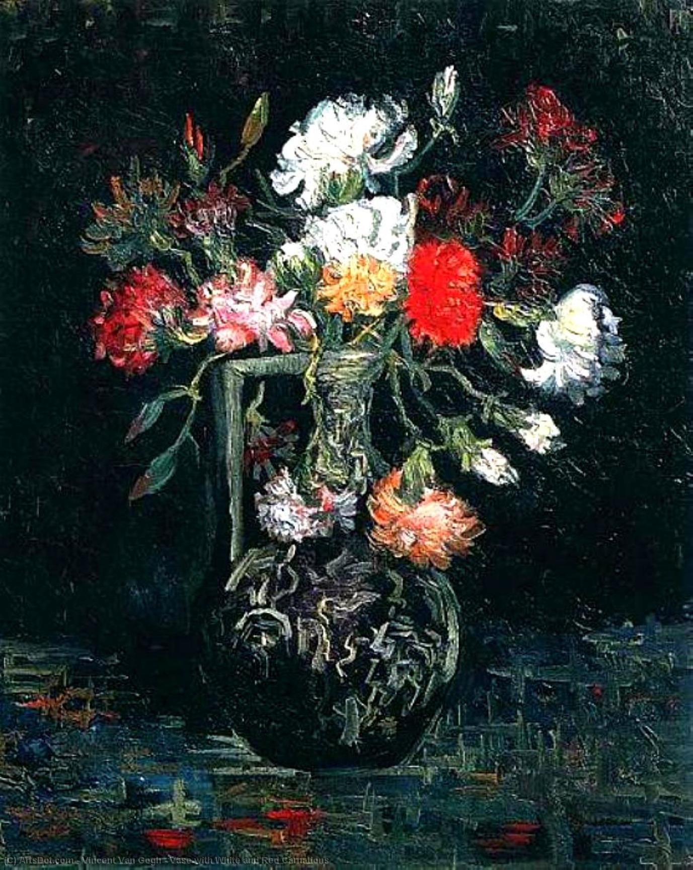 WikiOO.org – 美術百科全書 - 繪畫，作品 Vincent Van Gogh - 花瓶 白  和  红  康乃馨