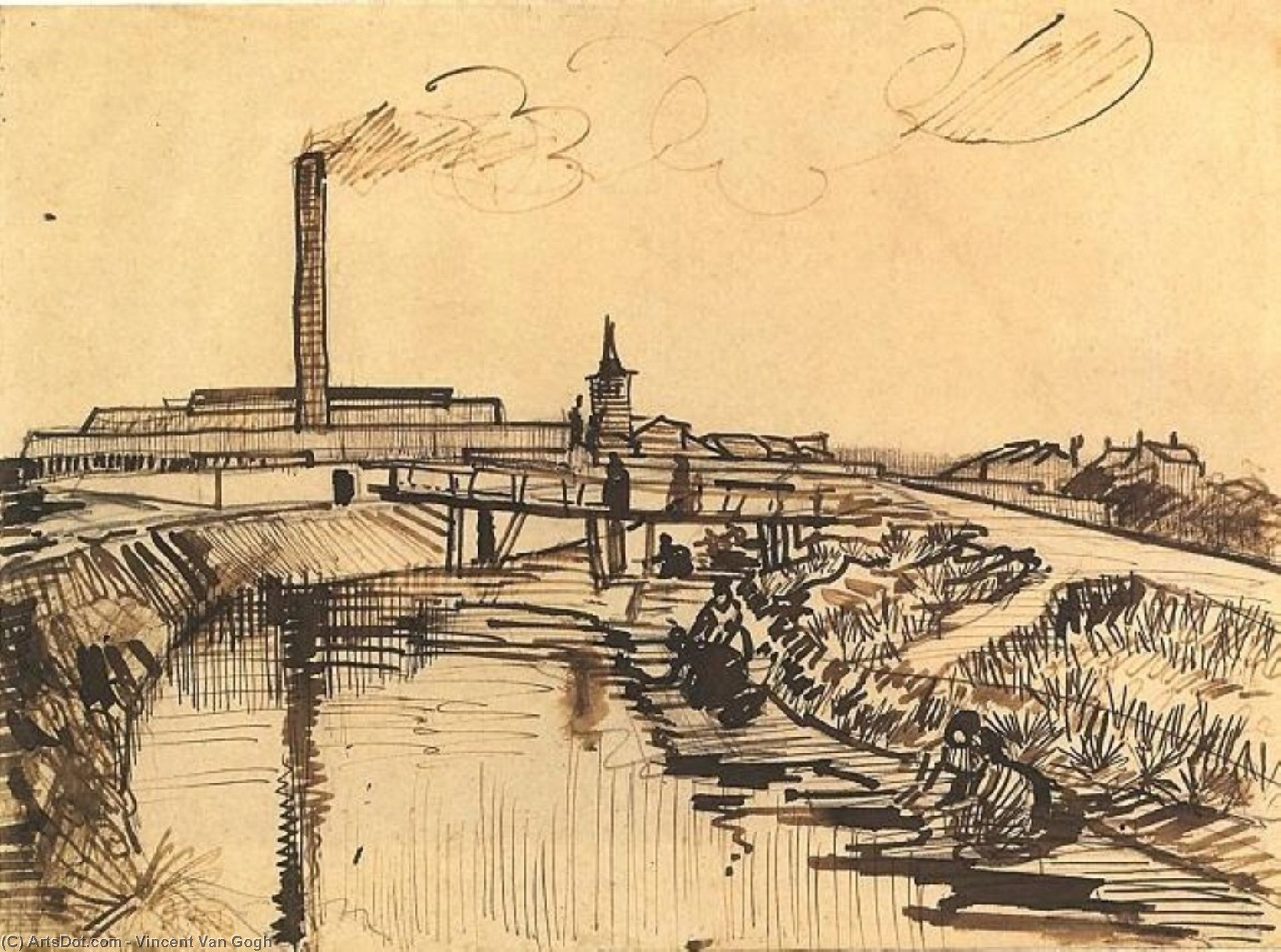 Wikoo.org - موسوعة الفنون الجميلة - اللوحة، العمل الفني Vincent Van Gogh - Canal with Bridge and Women Washing