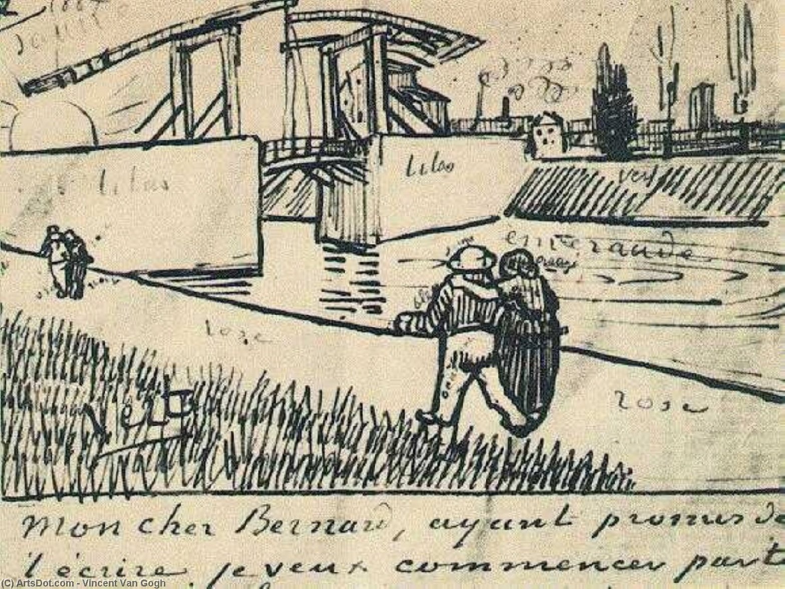 WikiOO.org - 百科事典 - 絵画、アートワーク Vincent Van Gogh - 跳ね橋 と一緒に  ウォーキング  カップル