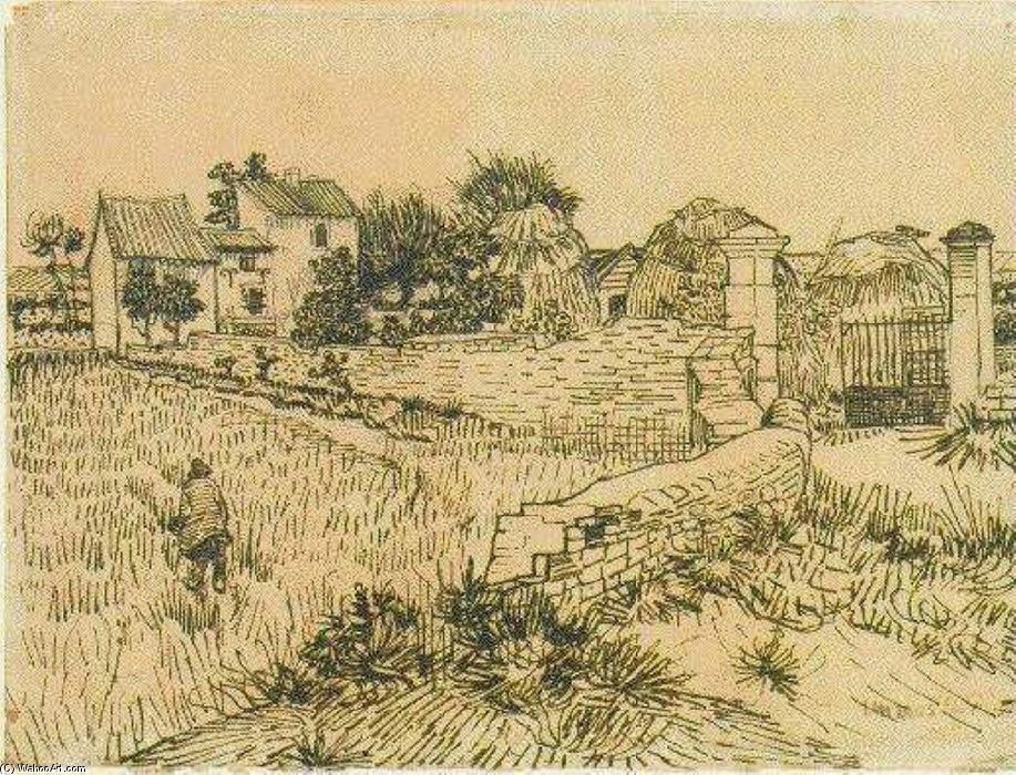 Wikioo.org - The Encyclopedia of Fine Arts - Painting, Artwork by Vincent Van Gogh - Entrance Gate to a Farm with Haystacks