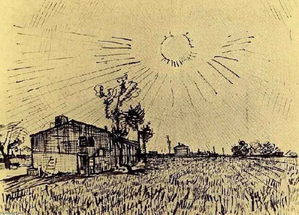 Wikioo.org - The Encyclopedia of Fine Arts - Painting, Artwork by Vincent Van Gogh - Field with Houses under a Sky with Sun Disk