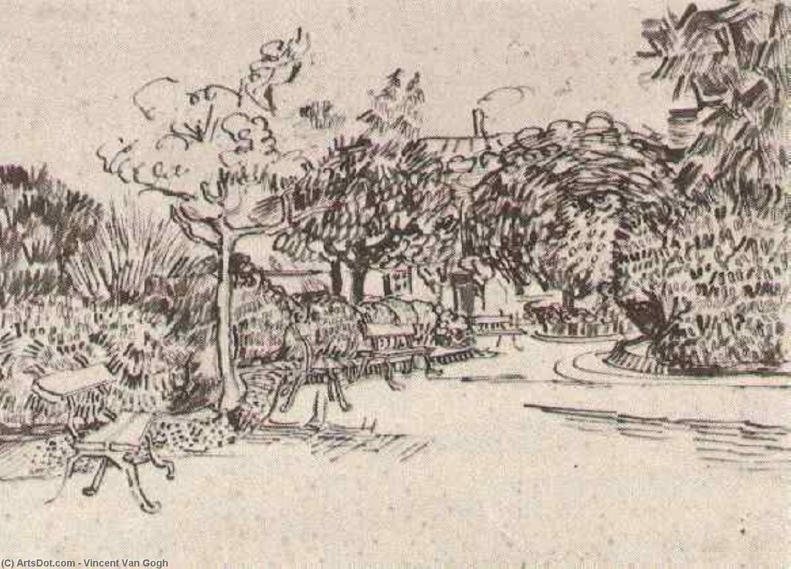 WikiOO.org - Encyclopedia of Fine Arts - Lukisan, Artwork Vincent Van Gogh - Public Garden with Benches