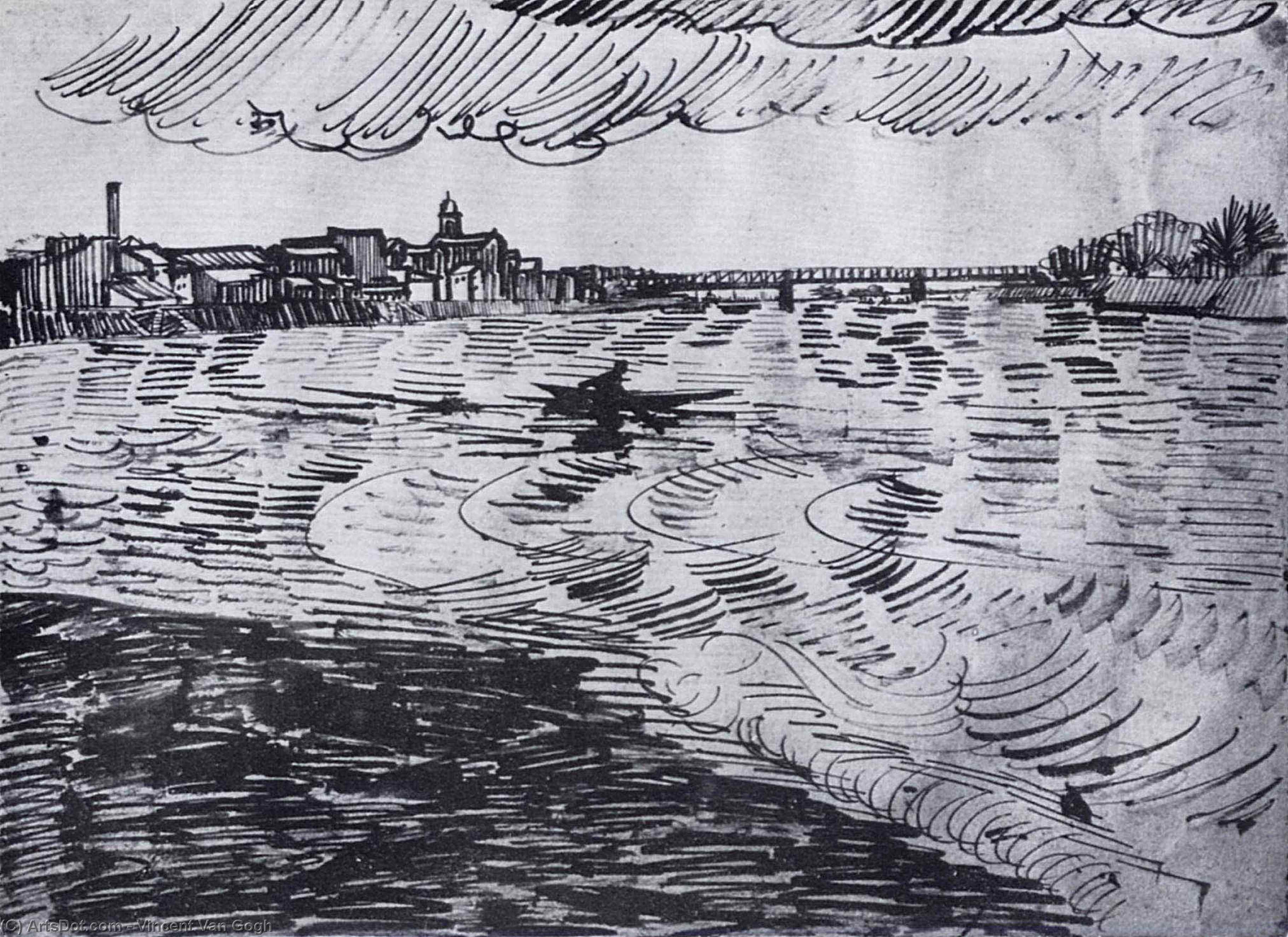 WikiOO.org - Енциклопедия за изящни изкуства - Живопис, Произведения на изкуството Vincent Van Gogh - Rhone with Boats and a Bridge