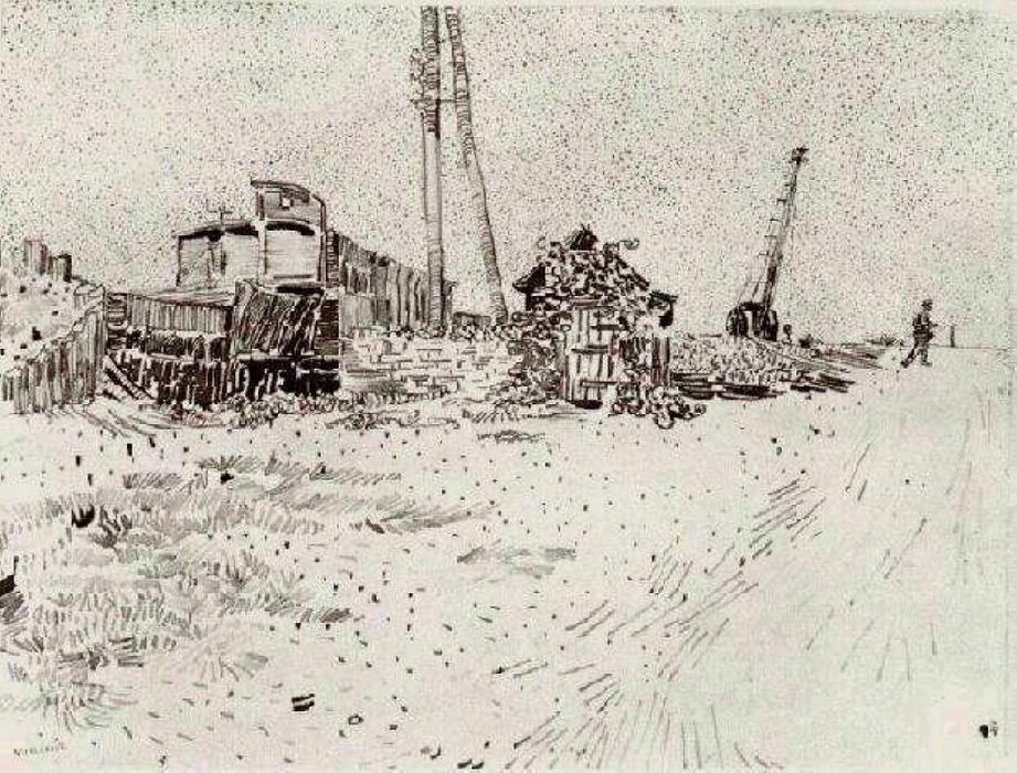 Wikoo.org - موسوعة الفنون الجميلة - اللوحة، العمل الفني Vincent Van Gogh - Road with Telegraph Pole and Crane