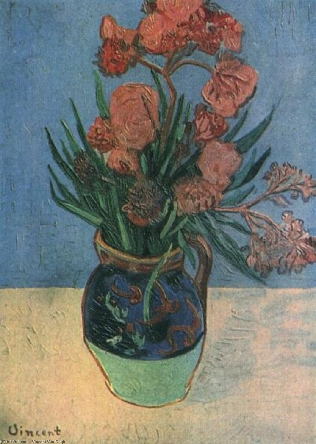 Wikioo.org – La Enciclopedia de las Bellas Artes - Pintura, Obras de arte de Vincent Van Gogh - naturaleza muerta jarrón  enestado  Adelfas