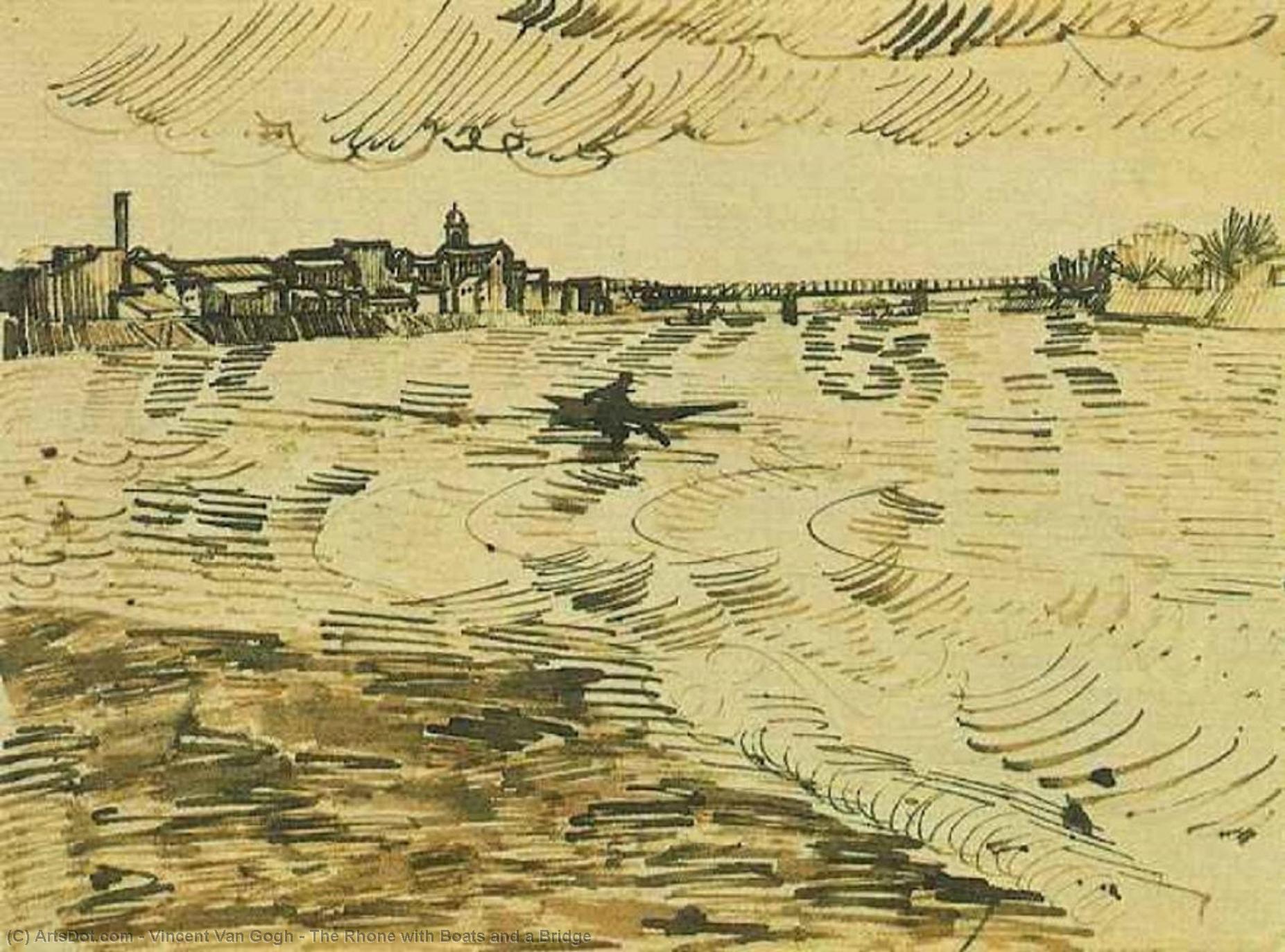 WikiOO.org – 美術百科全書 - 繪畫，作品 Vincent Van Gogh - 罗纳 与  船  和  一个  桥
