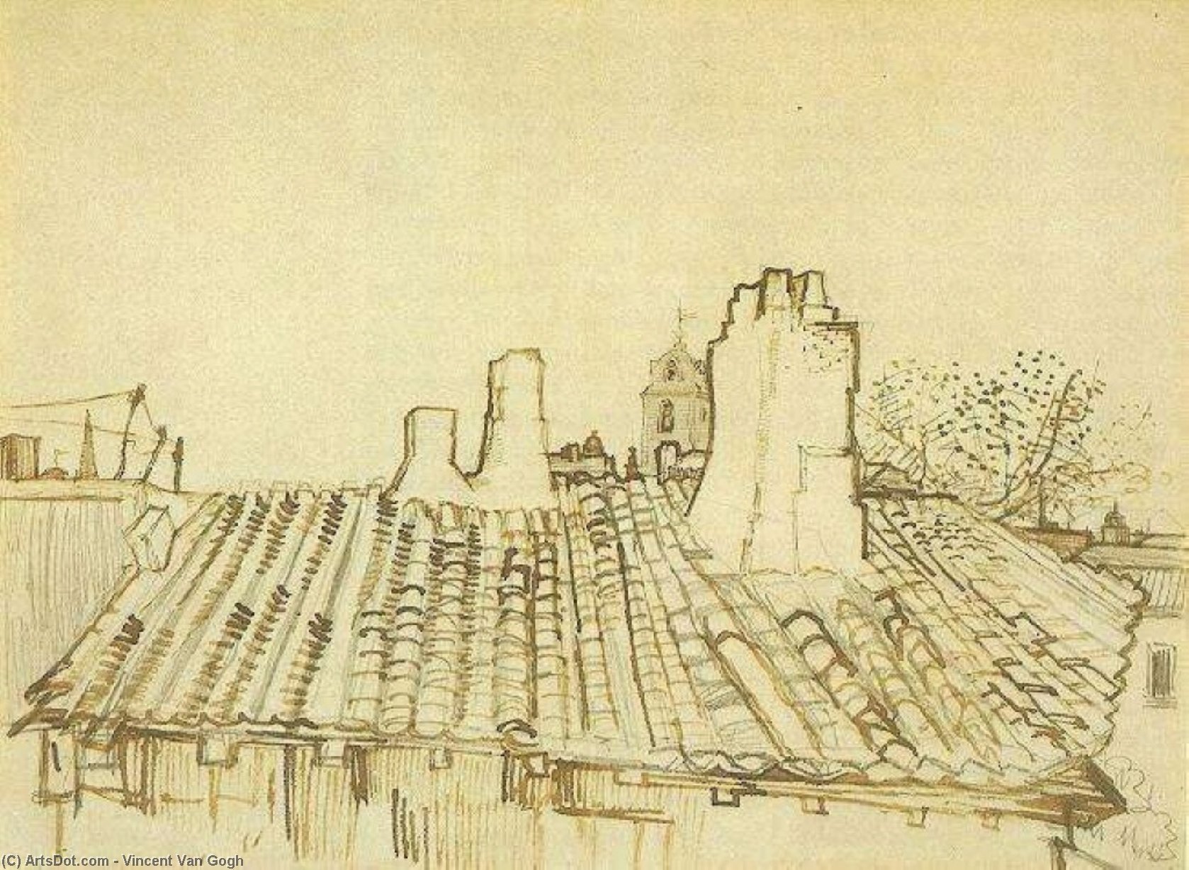 Wikioo.org - The Encyclopedia of Fine Arts - Painting, Artwork by Vincent Van Gogh - Tiled Roof with Chimneys and Church Tower