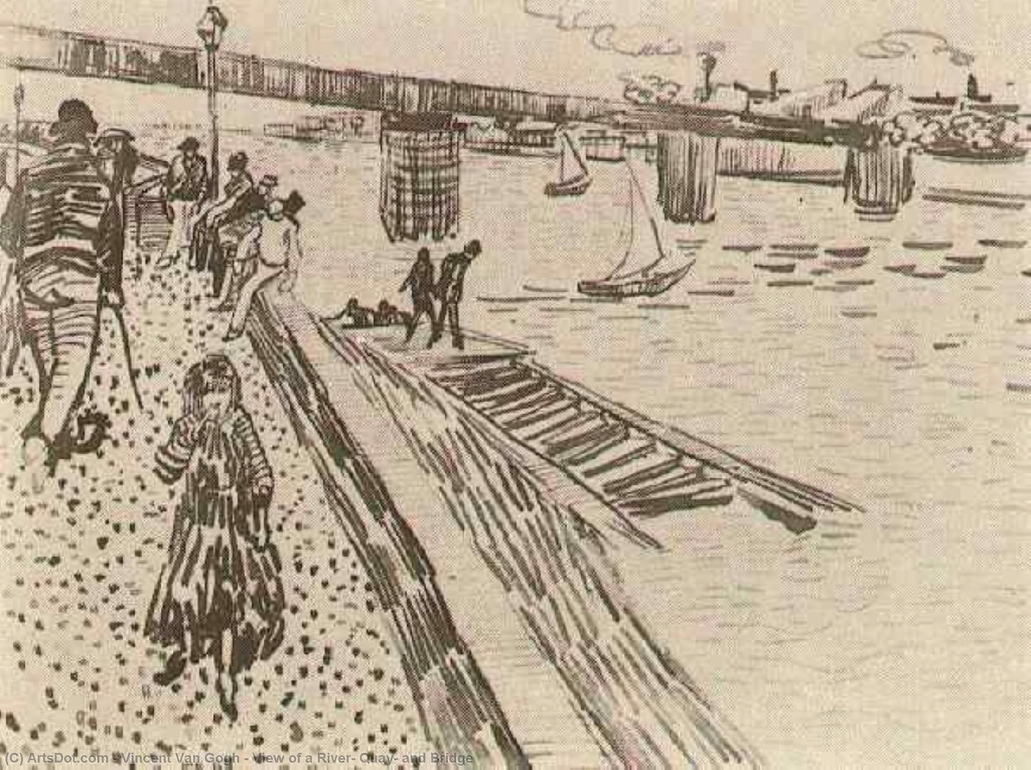 WikiOO.org - Encyclopedia of Fine Arts - Lukisan, Artwork Vincent Van Gogh - View of a River, Quay, and Bridge