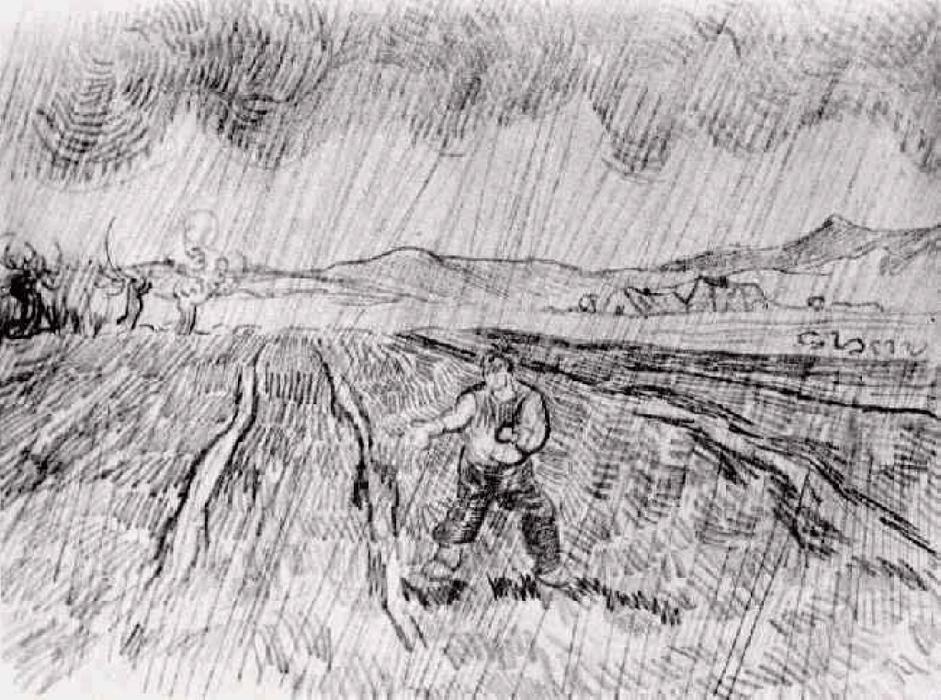WikiOO.org – 美術百科全書 - 繪畫，作品 Vincent Van Gogh - 封闭式场与播种者在雨