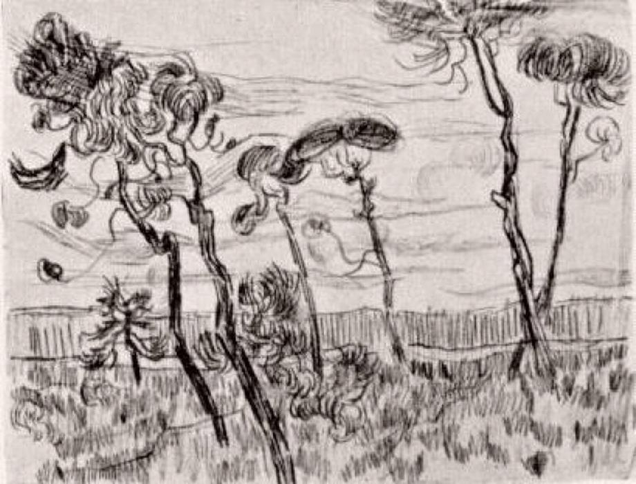 Wikioo.org - The Encyclopedia of Fine Arts - Painting, Artwork by Vincent Van Gogh - Pine Trees in Front of the Wall of the Asylum