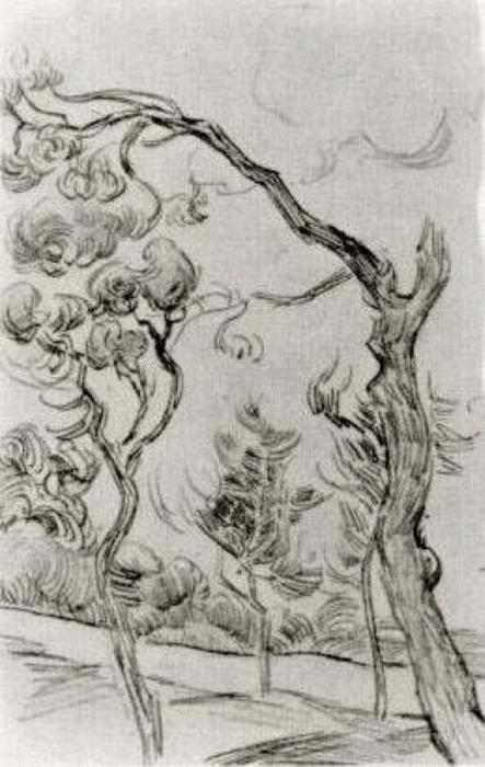 WikiOO.org - Encyclopedia of Fine Arts - Festés, Grafika Vincent Van Gogh - Pine Trees Seen against the Wall of the Asylum