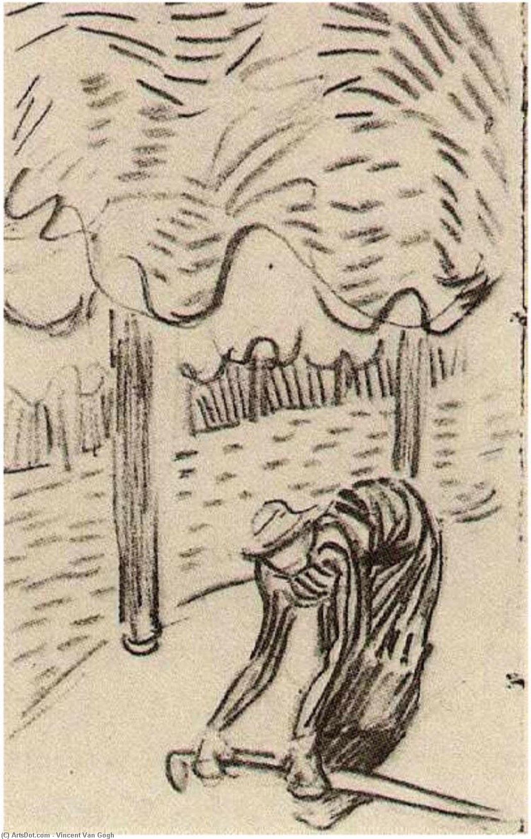 WikiOO.org - Güzel Sanatlar Ansiklopedisi - Resim, Resimler Vincent Van Gogh - A Woman Picking Up a Stick in Front of Trees