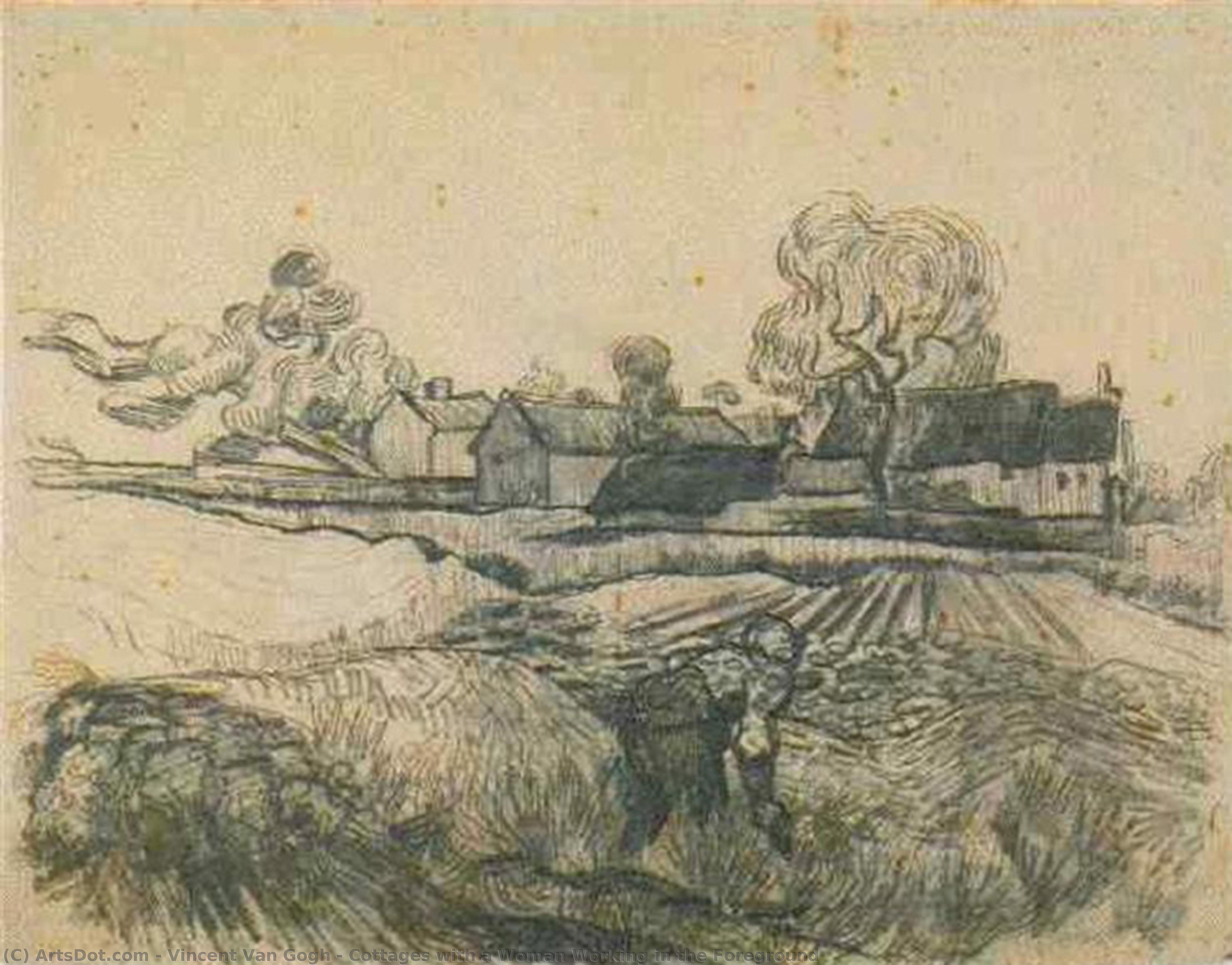 WikiOO.org – 美術百科全書 - 繪畫，作品 Vincent Van Gogh - 小屋 与  一个  女人   工作  在  的  前景