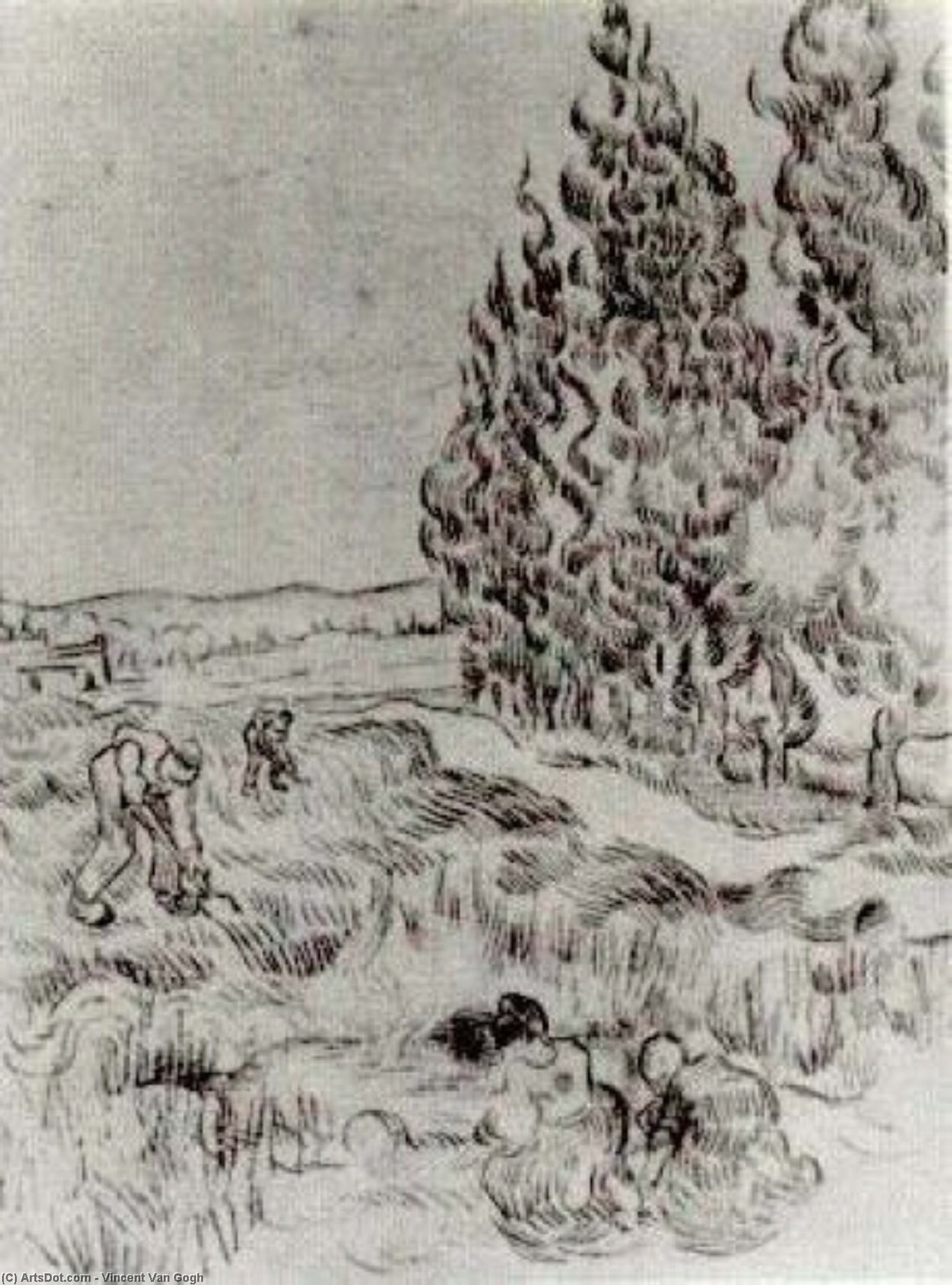 WikiOO.org - Encyclopedia of Fine Arts - Lukisan, Artwork Vincent Van Gogh - Cypresses with Four People Working in the Field