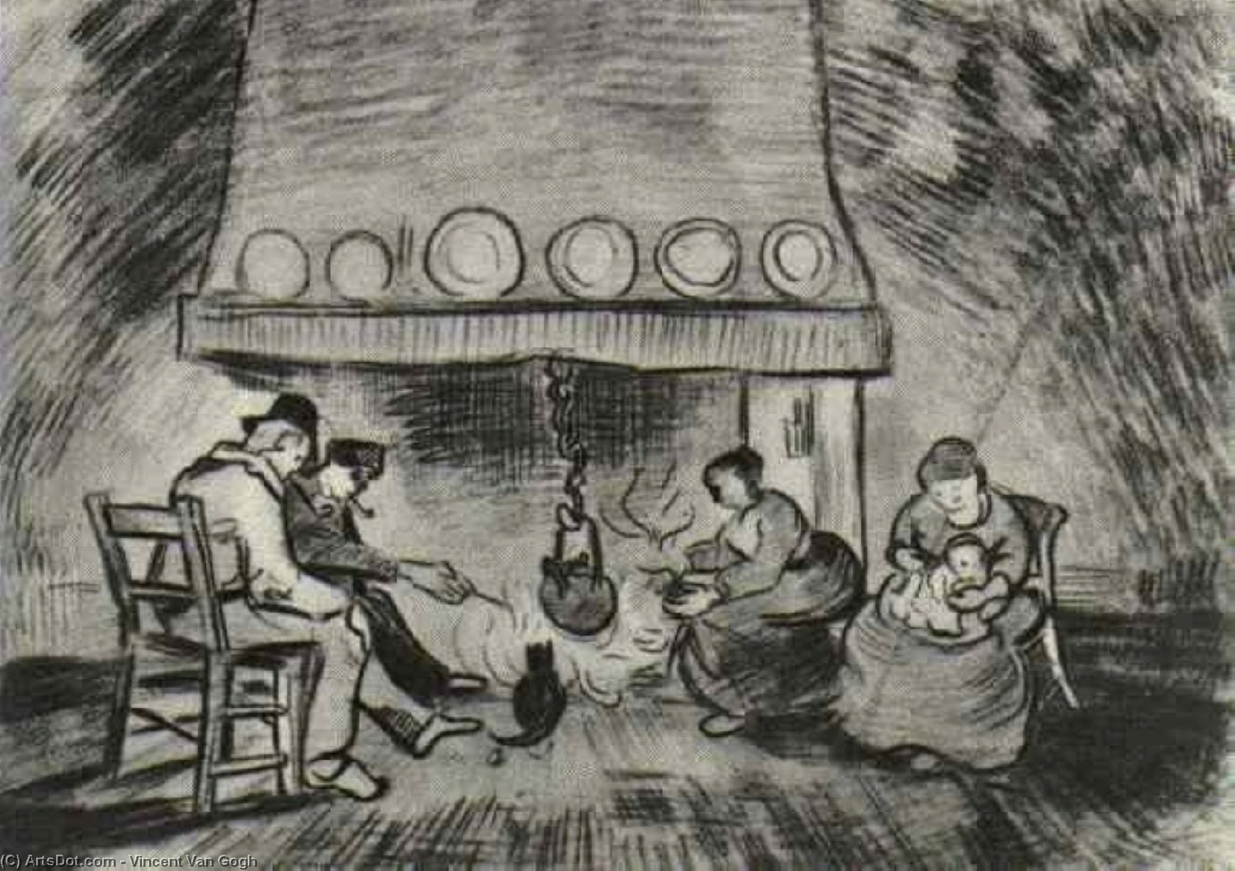 WikiOO.org - Enciklopedija likovnih umjetnosti - Slikarstvo, umjetnička djela Vincent Van Gogh - Interior of a Farm with Figures at the Fireside