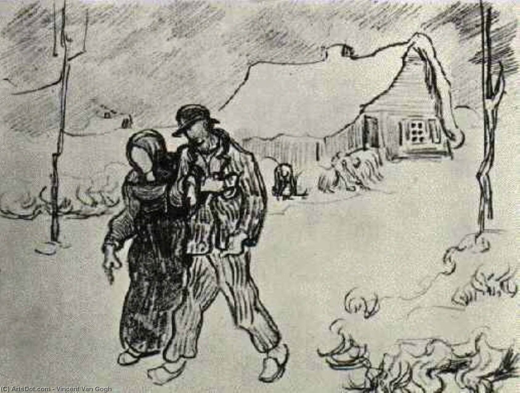 WikiOO.org - Encyclopedia of Fine Arts - Maalaus, taideteos Vincent Van Gogh - People Walking in Front of Snow-Covered Cottage