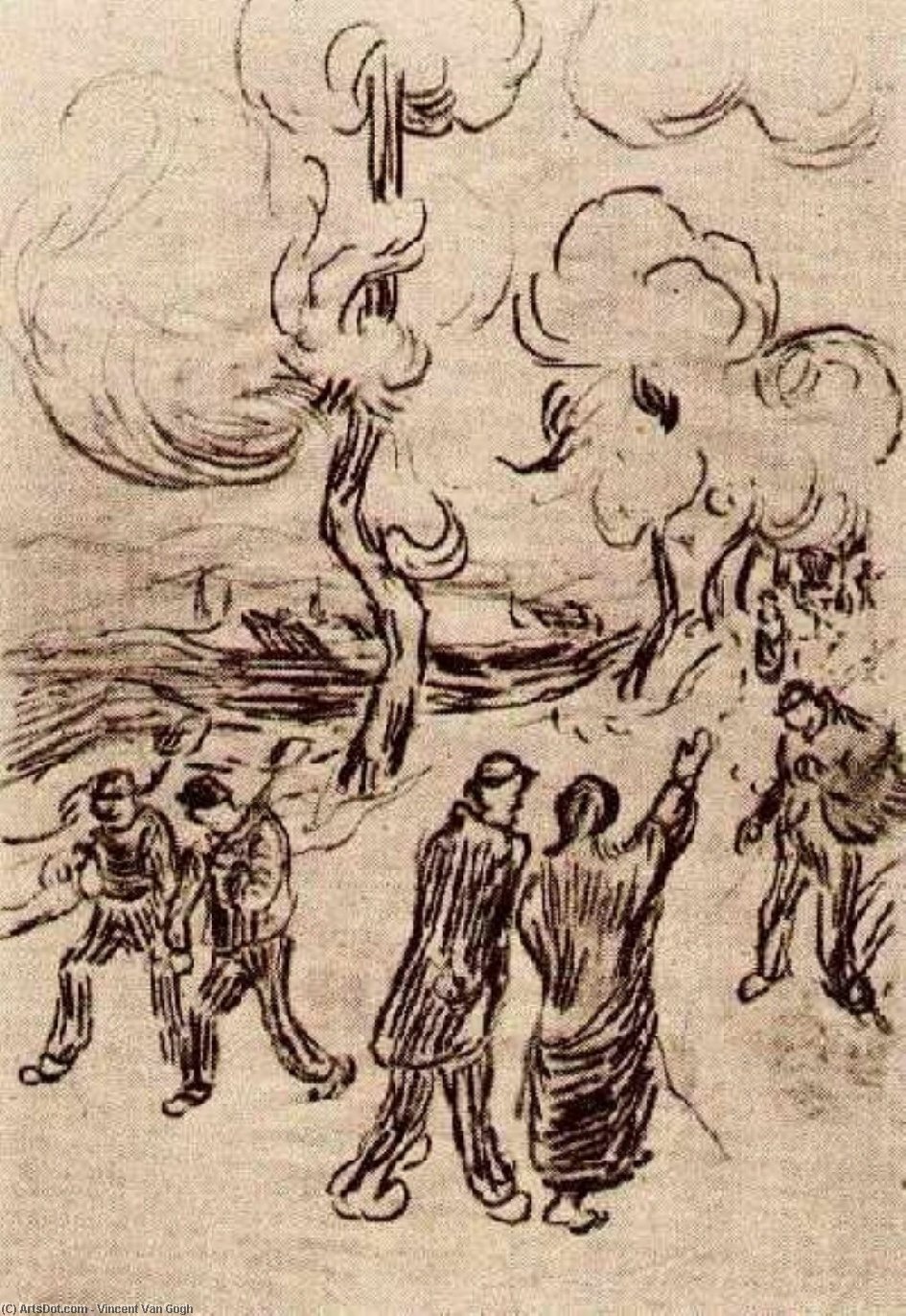 WikiOO.org - Encyclopedia of Fine Arts - Lukisan, Artwork Vincent Van Gogh - Several Figures on a Road with Trees