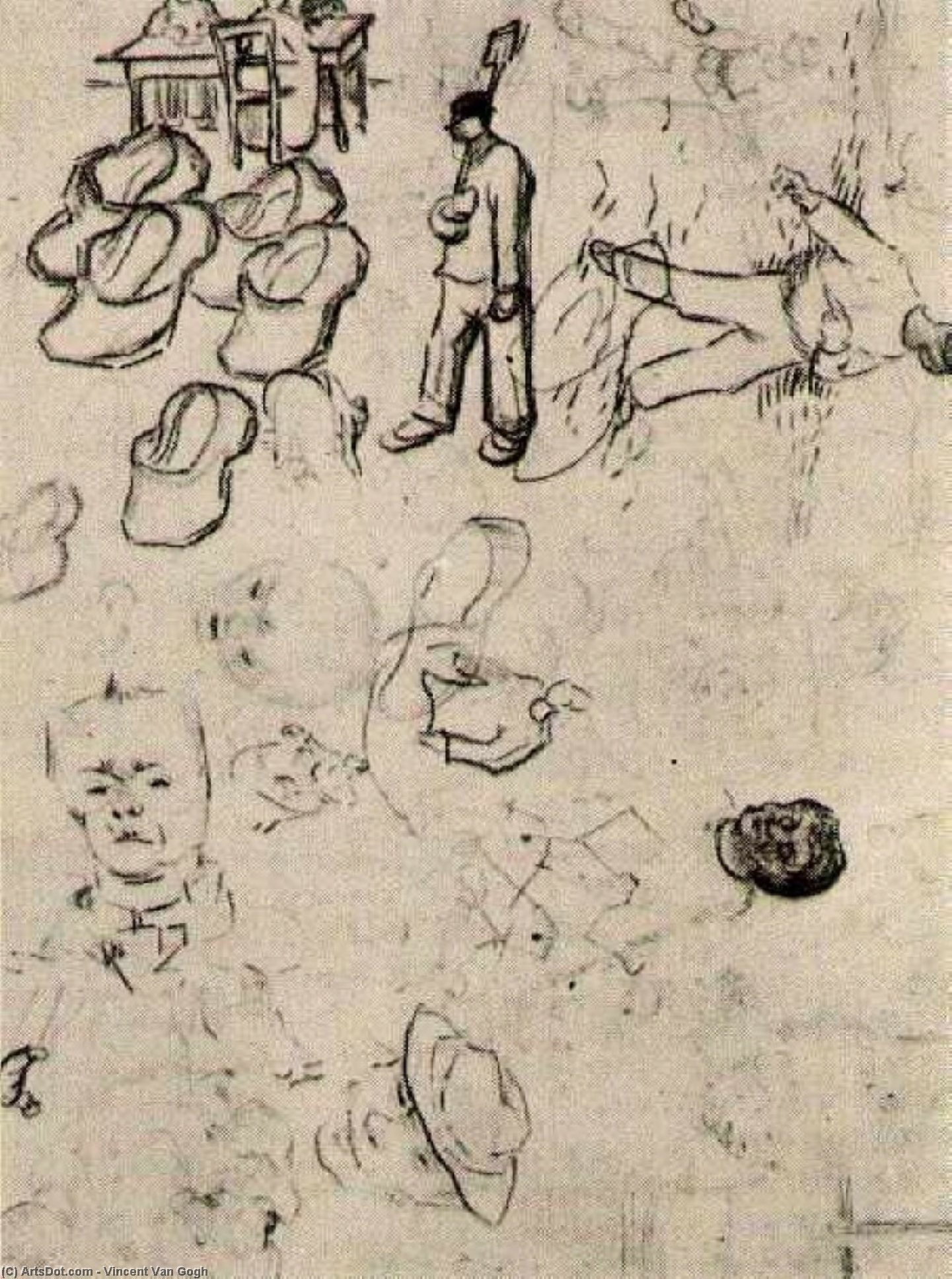 Wikioo.org - The Encyclopedia of Fine Arts - Painting, Artwork by Vincent Van Gogh - Sheet with Figures at a Table, a Sower, Clogs, etc