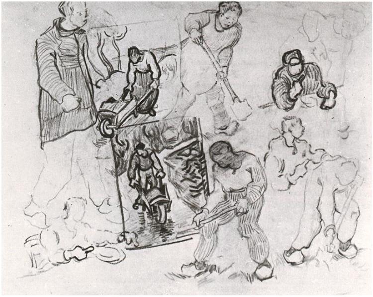 WikiOO.org - Enciklopedija likovnih umjetnosti - Slikarstvo, umjetnička djela Vincent Van Gogh - Sheet with Sketches of Working People
