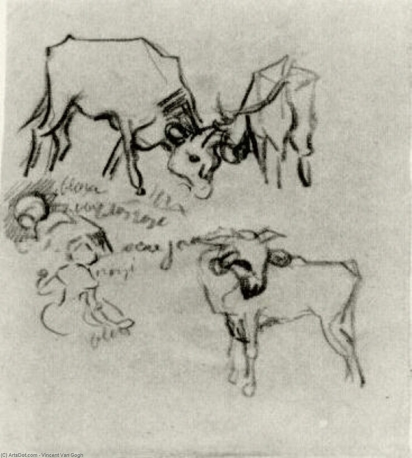 Wikioo.org - The Encyclopedia of Fine Arts - Painting, Artwork by Vincent Van Gogh - Sketch of Cows and Children