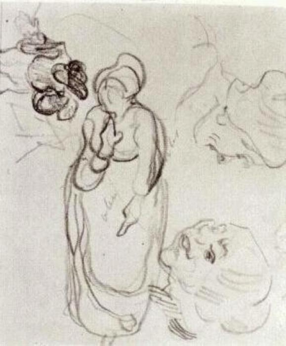 WikiOO.org - Enciklopedija likovnih umjetnosti - Slikarstvo, umjetnička djela Vincent Van Gogh - Study of a Woman Standing, Two Heads, Another Figure