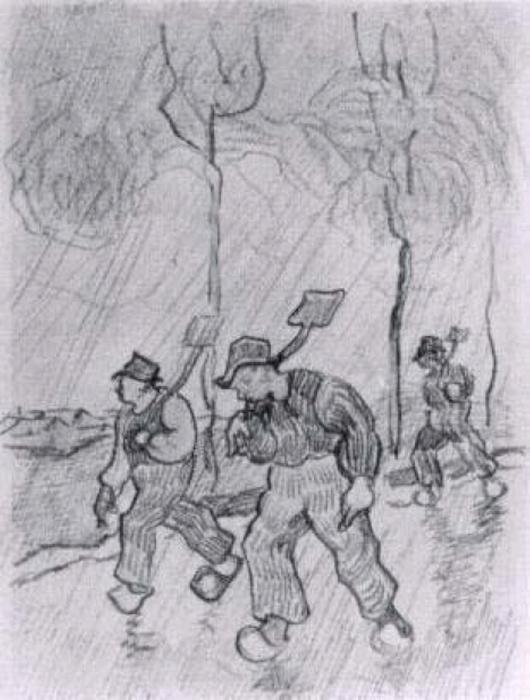WikiOO.org - Encyclopedia of Fine Arts - Festés, Grafika Vincent Van Gogh - Three Peasants with Spades on a Road in the Rain
