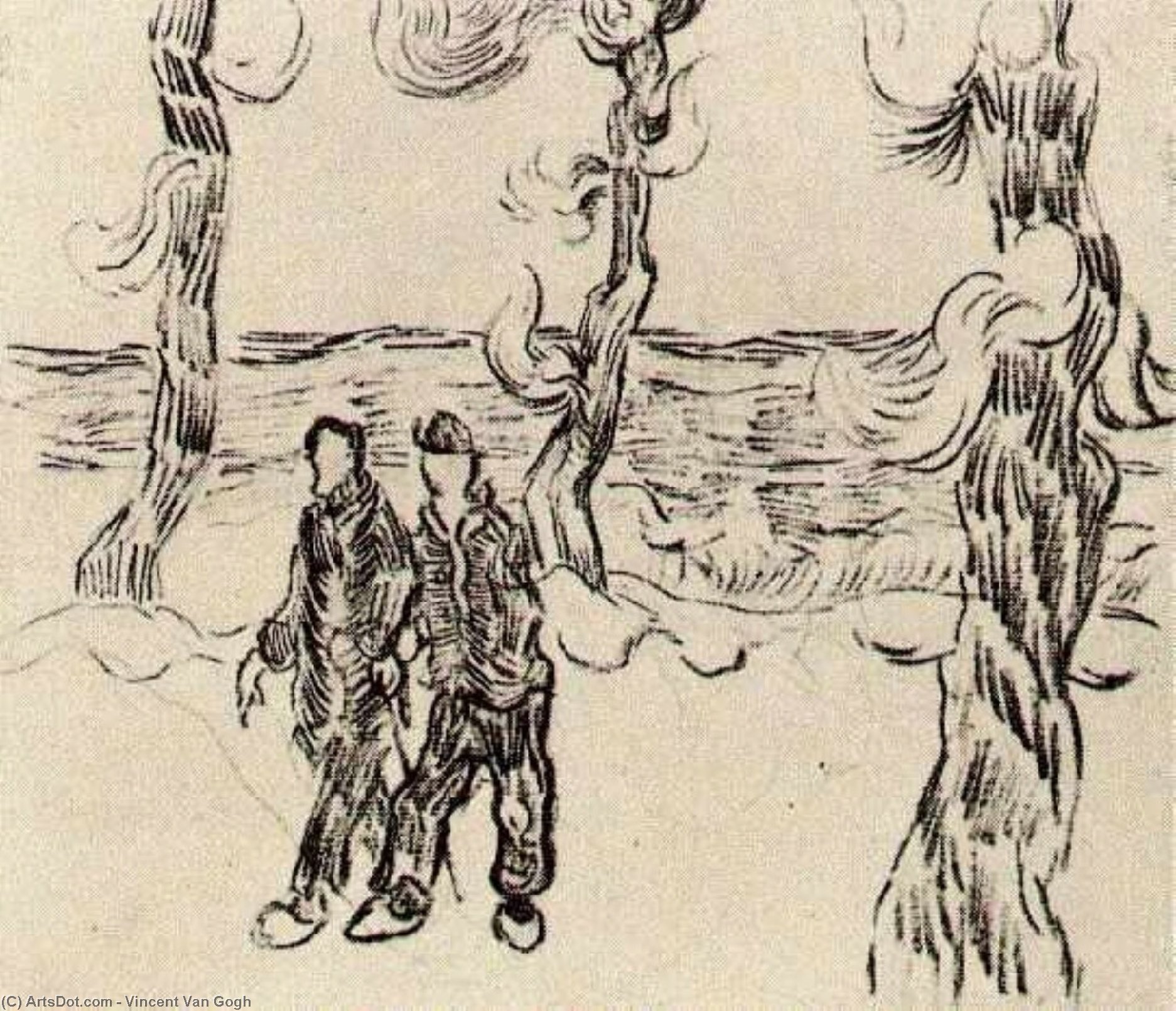 Wikioo.org - The Encyclopedia of Fine Arts - Painting, Artwork by Vincent Van Gogh - Two Men on a Road with Pine Trees