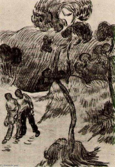 WikiOO.org - Encyclopedia of Fine Arts - Festés, Grafika Vincent Van Gogh - Two Men Walking in a Landscape with Trees