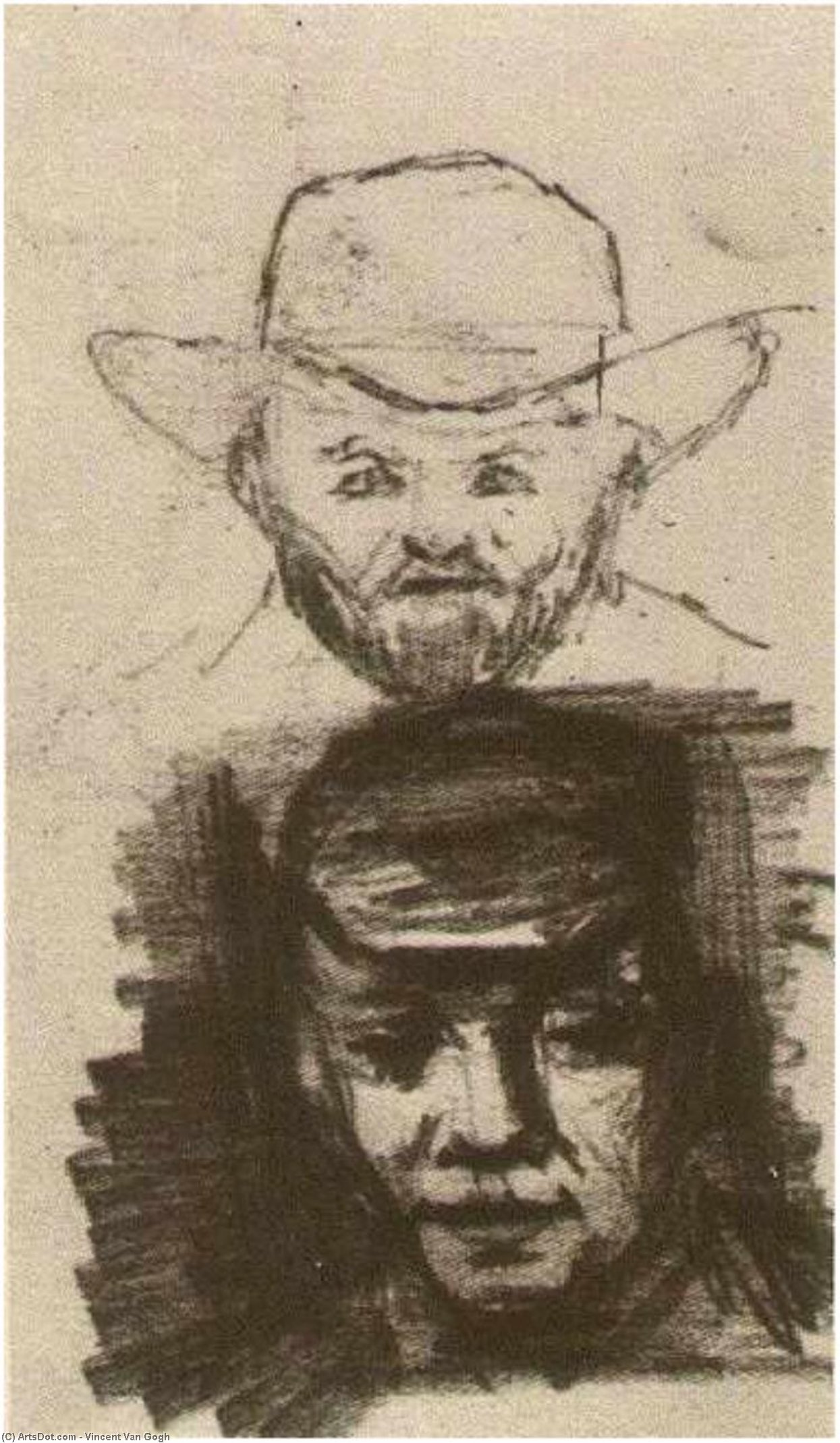 Wikioo.org - The Encyclopedia of Fine Arts - Painting, Artwork by Vincent Van Gogh - Two Heads Man with Beard and Hat Peasant with Cap