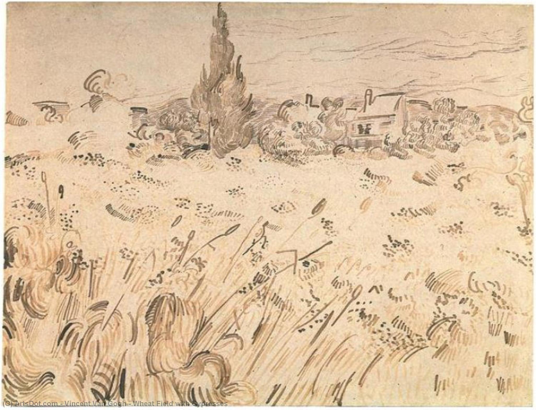 WikiOO.org - Encyclopedia of Fine Arts - Maalaus, taideteos Vincent Van Gogh - Wheat Field with Cypresses