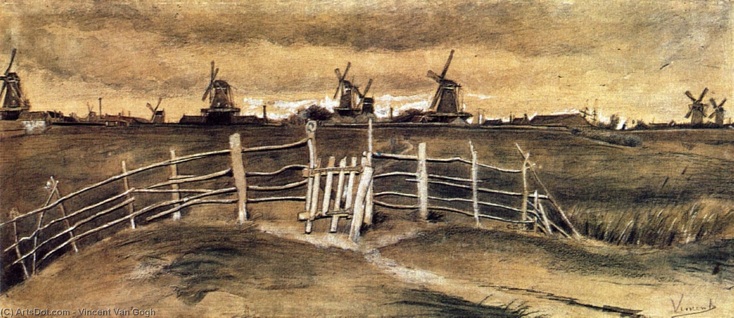 Wikoo.org - موسوعة الفنون الجميلة - اللوحة، العمل الفني Vincent Van Gogh - Windmils at Dordrecht