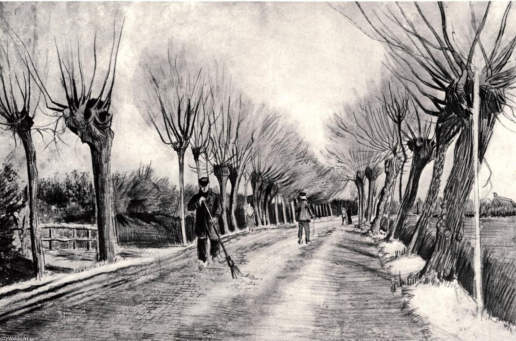 WikiOO.org - Encyclopedia of Fine Arts - Festés, Grafika Vincent Van Gogh - Road with Pollard Willows and Man with Broom