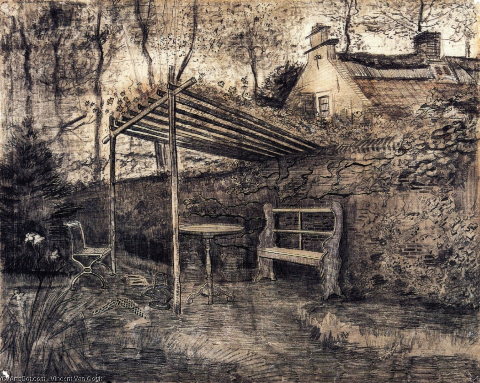 WikiOO.org – 美術百科全書 - 繪畫，作品 Vincent Van Gogh - 花园 的  的  牧师公寓  与  乔木