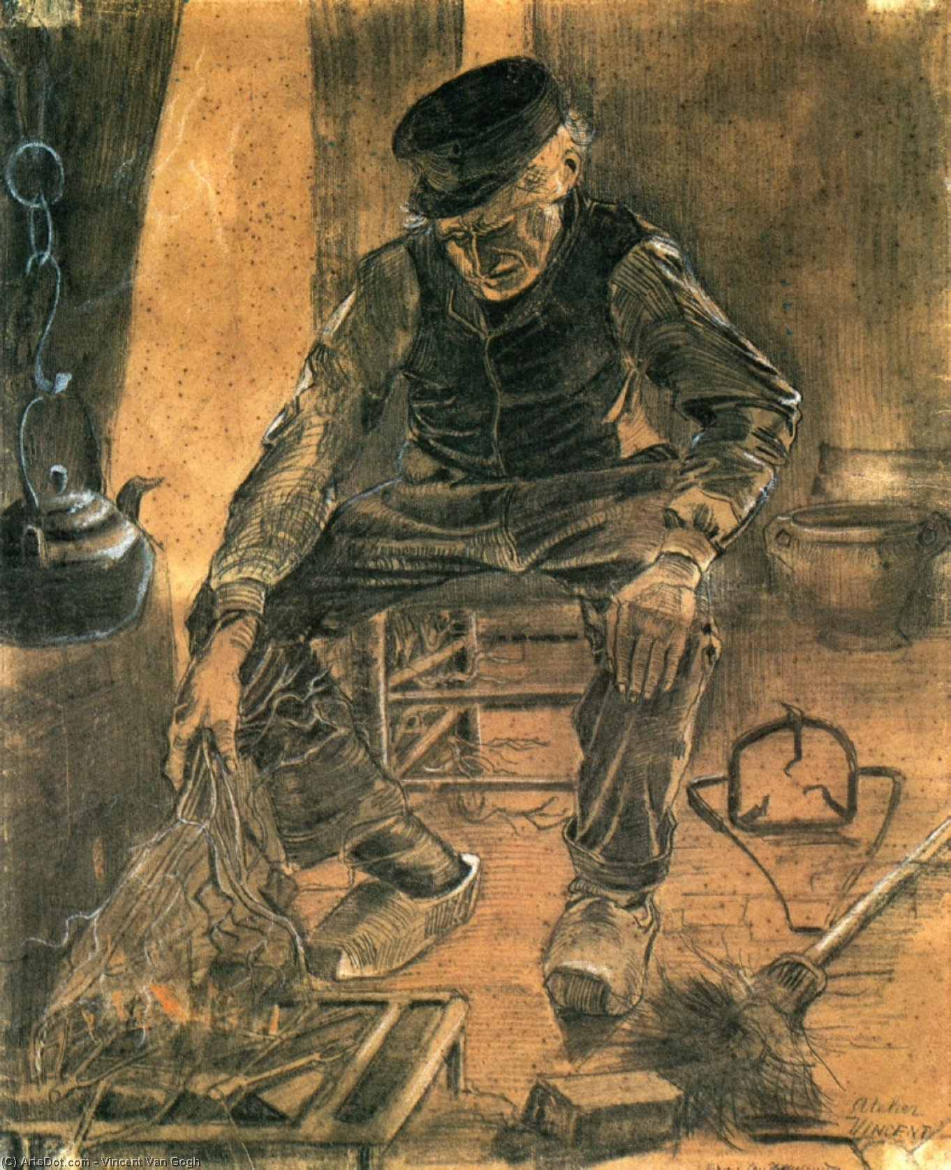 Wikioo.org - The Encyclopedia of Fine Arts - Painting, Artwork by Vincent Van Gogh - An Old Man Putting Dry Rice on the Hearth