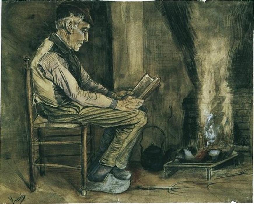 WikiOO.org - Encyclopedia of Fine Arts - Maalaus, taideteos Vincent Van Gogh - Farmer sitting at the fireside and reading