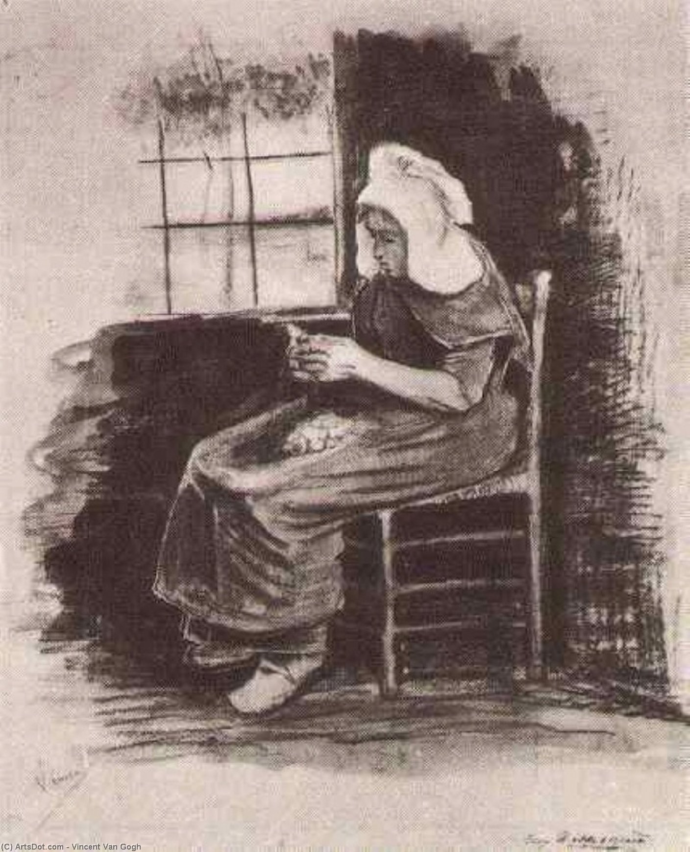 Wikioo.org – La Enciclopedia de las Bellas Artes - Pintura, Obras de arte de Vincent Van Gogh - peladura de la mujer patatas  cerca  Un  ventana