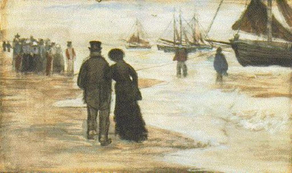 Wikioo.org - The Encyclopedia of Fine Arts - Painting, Artwork by Vincent Van Gogh - Beach with People Walking and Boats