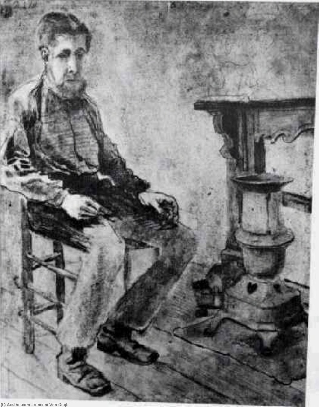 WikiOO.org – 美術百科全書 - 繪畫，作品 Vincent Van Gogh -  男子  坐在 通过  的  火炉  的  穷光蛋